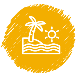 Symbol einer Palme mit Sonne und Wellen auf gelbem Hintergrund – steht für Urlaub oder Sommer.