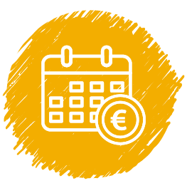 Symbol für pünktliche Gehaltszahlung: Kalender mit Eurozeichen auf orangem Hintergrund.