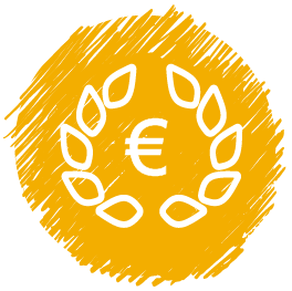 Symbol für faire Bezahlung: Eurozeichen im stilisierten Lorbeerkranz auf orangem Hintergrund.