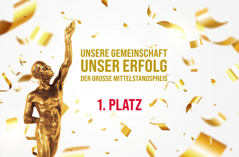 1. Platz – Großer Mittelstandspreis für Schäfer Dein Bäcker Goldene Statue mit Konfetti – 1. Platz beim Großen Mittelstandspreis.