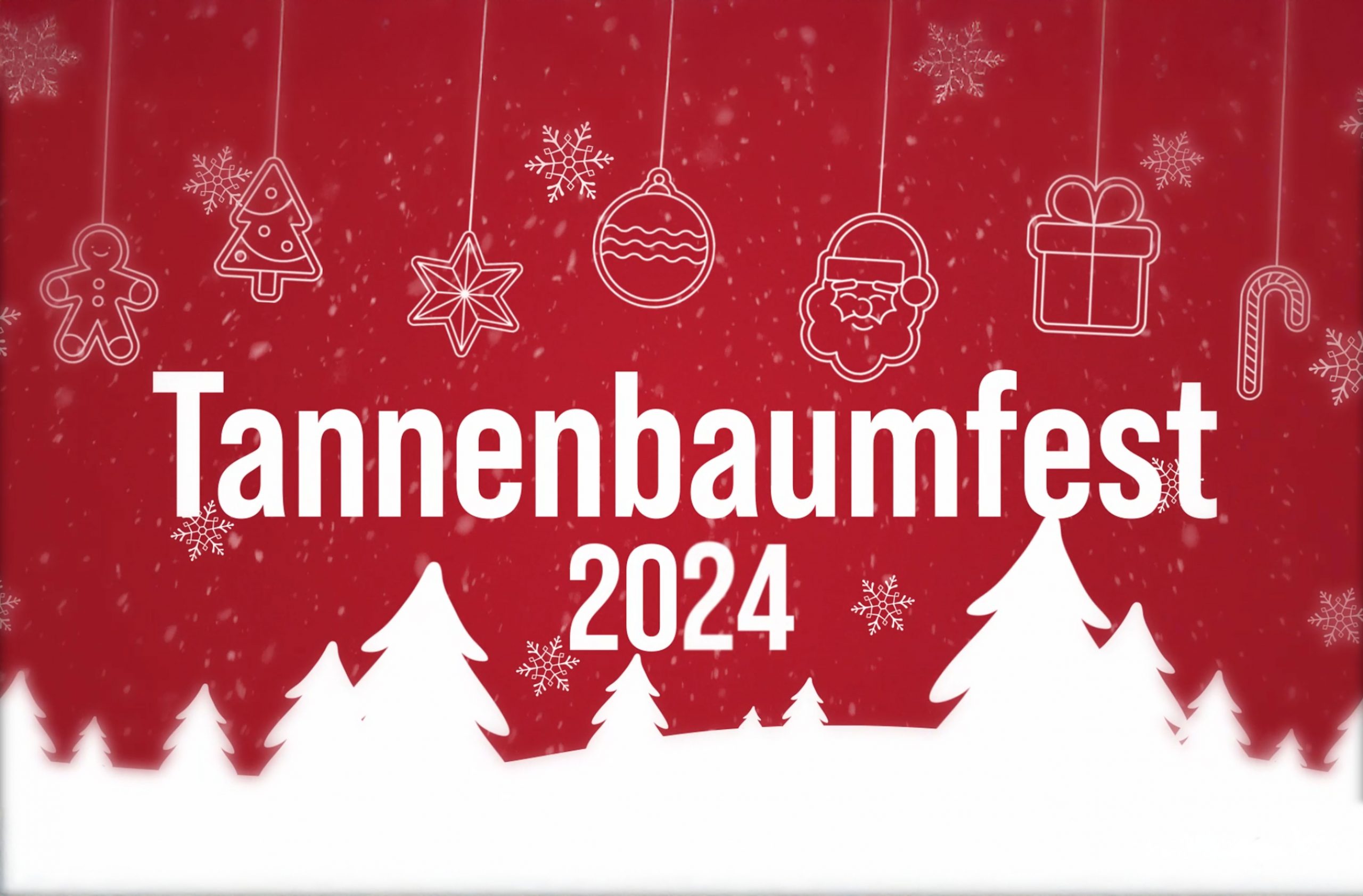 Rote Grafik mit Tannenbaumfest 2024 und weihnachtlichen Symbolen.